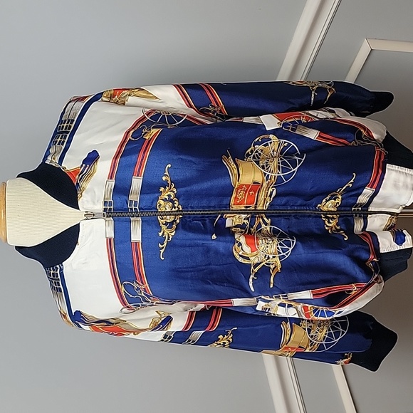 Jackets & Blazers - STAGECOACH Print Old Money Reversible Navy Blue Satin Zip Preppy Bomber Jacket
